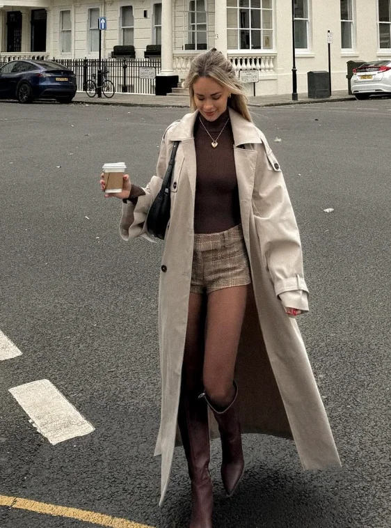 Beige Trench Coat + Brown Turtleneck + Plaid Micro Shorts + Knee-High Boots