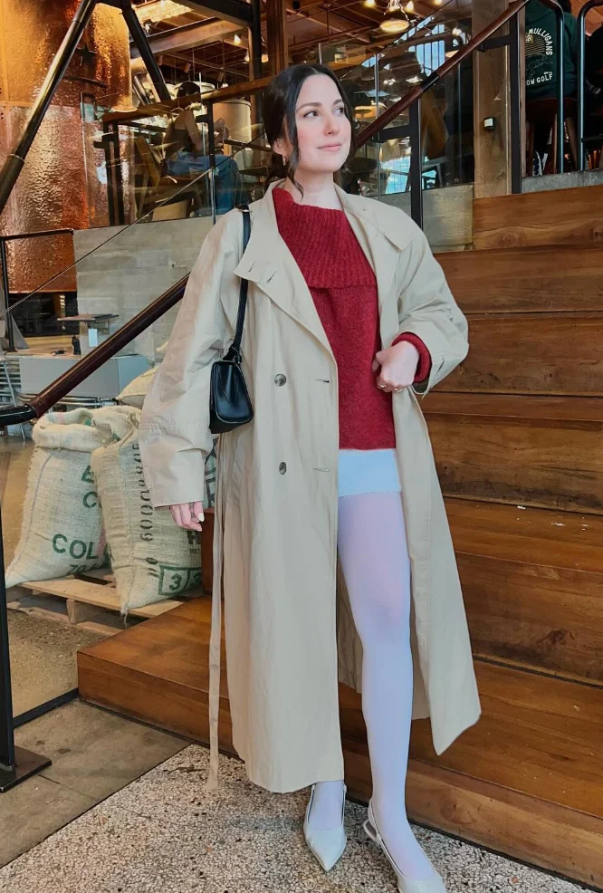 Beige Trench Coat + Red Sweater +White Micro Shorts