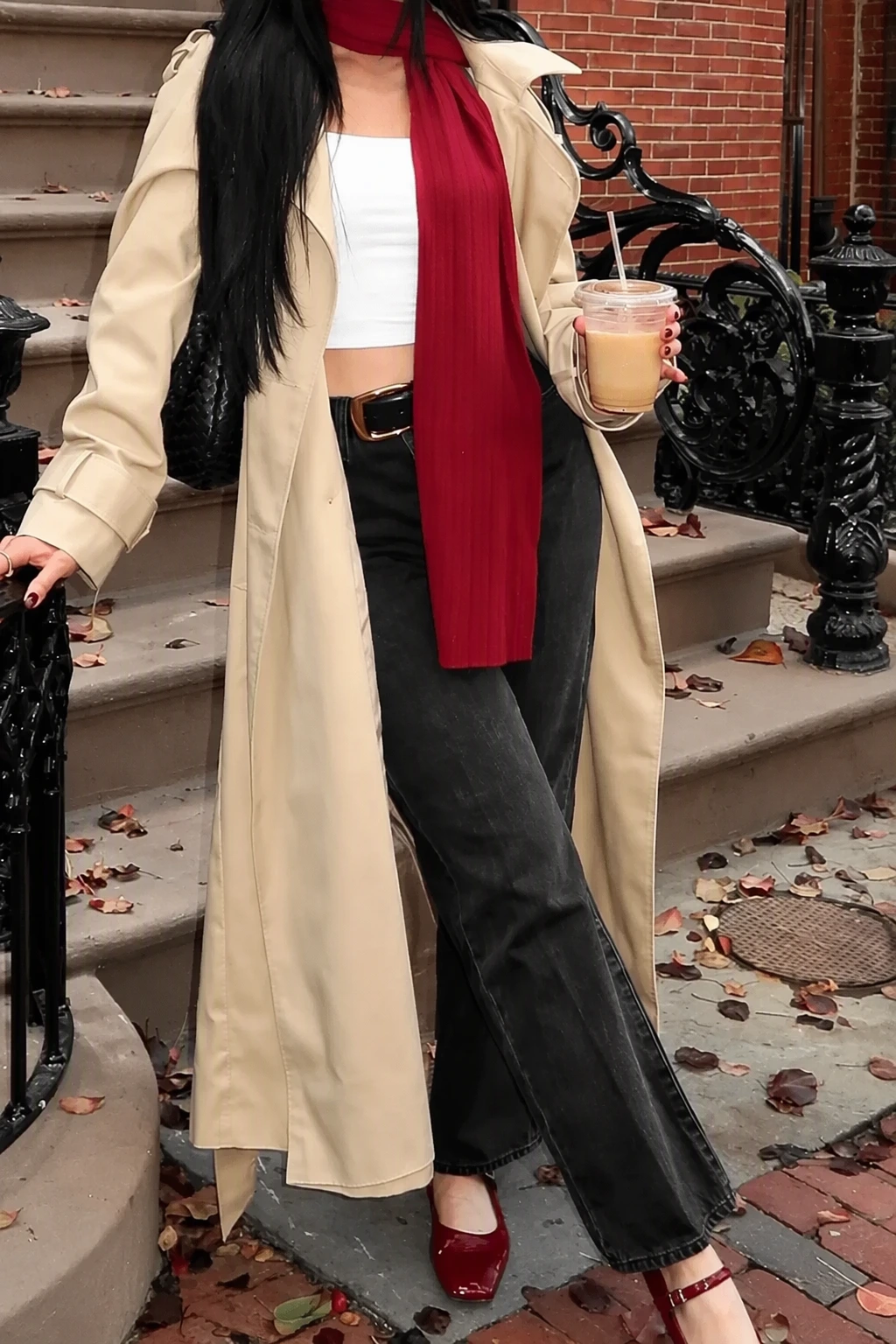 Beige Trench Coat + White Crop Top + Black Straight-Leg Jeans + Red Scarf + Red Patent Leather Mary Jane Flats