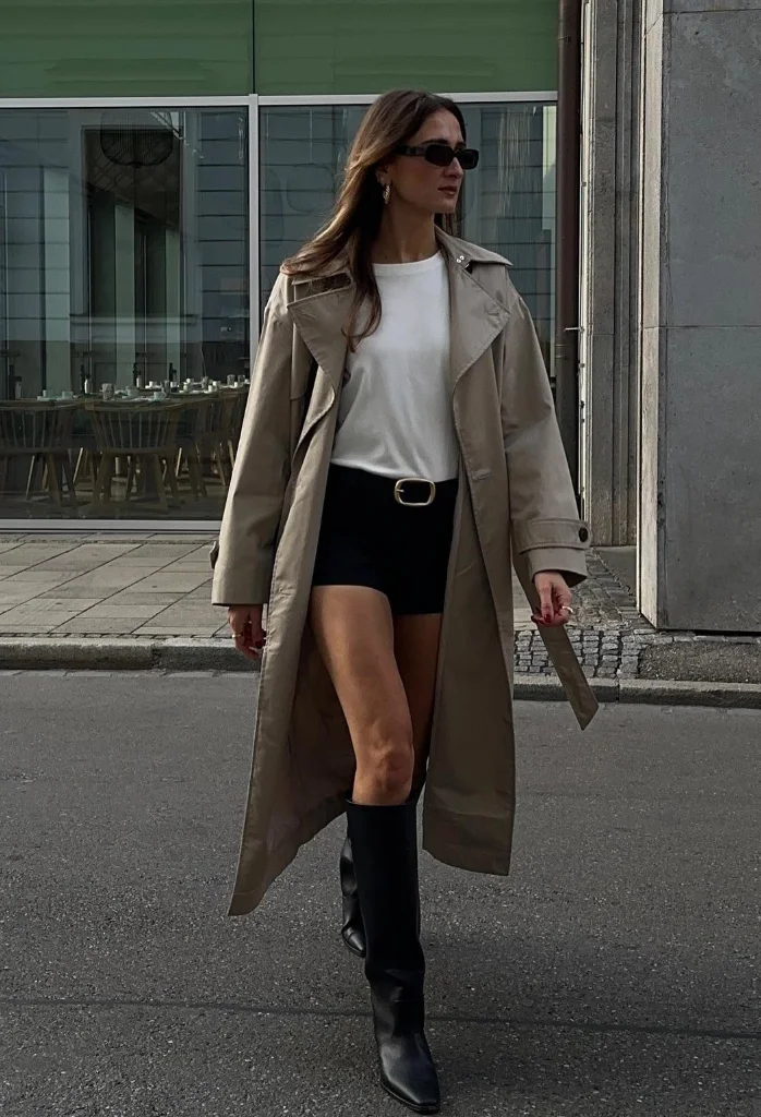Beige Trench Coat + White Tee + Black Micro Shorts + Knee-High Boots