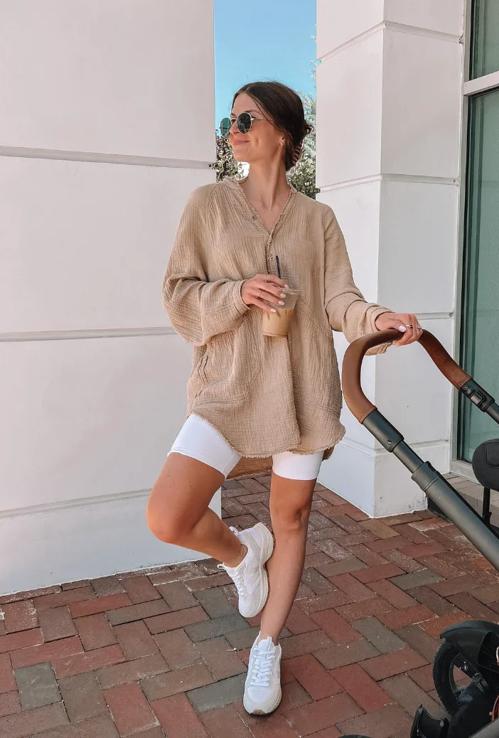 Beige Tunic Top + White Bike Shorts + White Sneakers