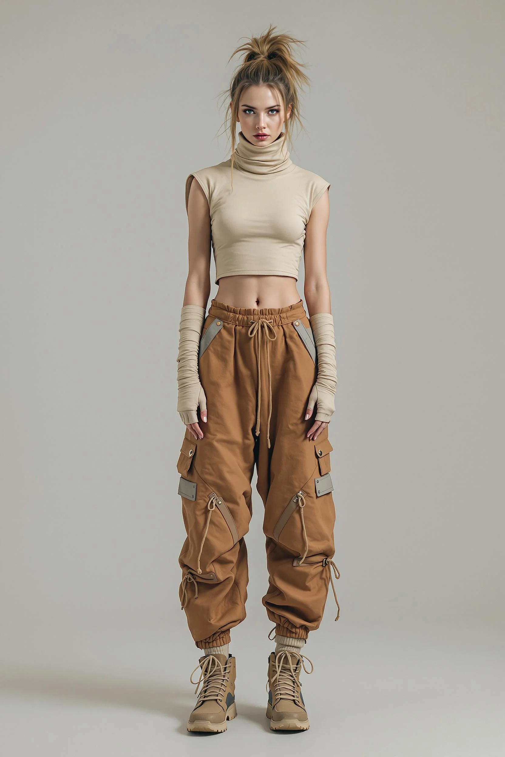 Beige Turtleneck Crop Top + Brown Utility Pants