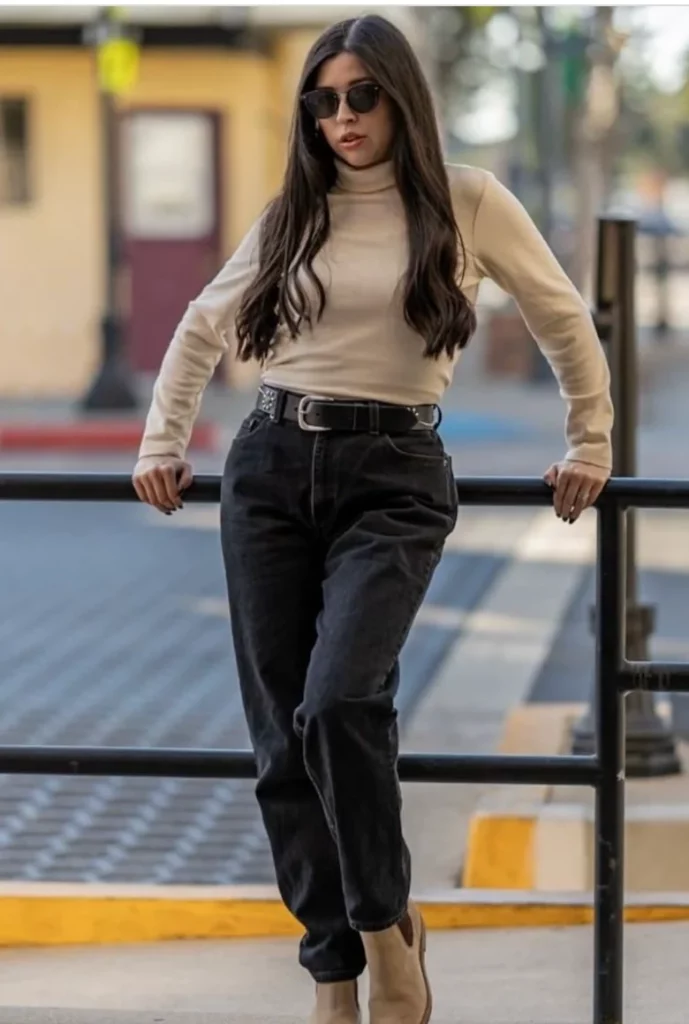 Beige Turtleneck Sweater + Black High-Waisted Jeans + Black Belt + Beige Ankle Boots