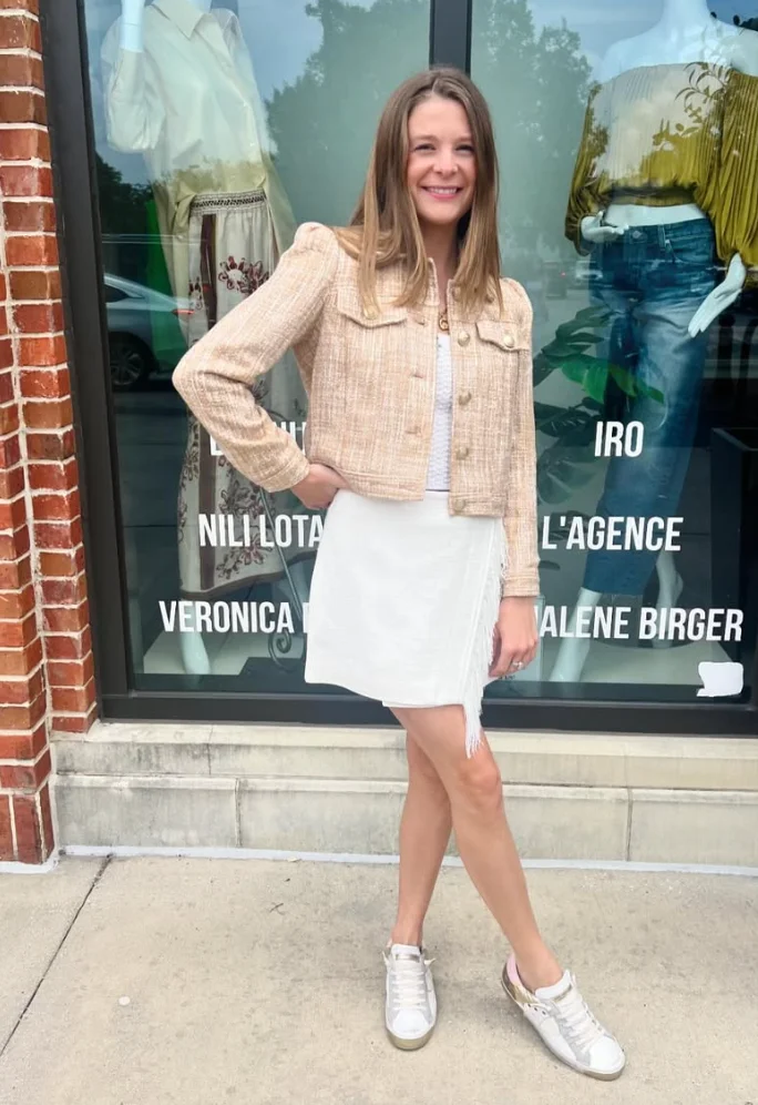 Beige Tweed Cropped Jacket + White Mini Dress + White Sneakers