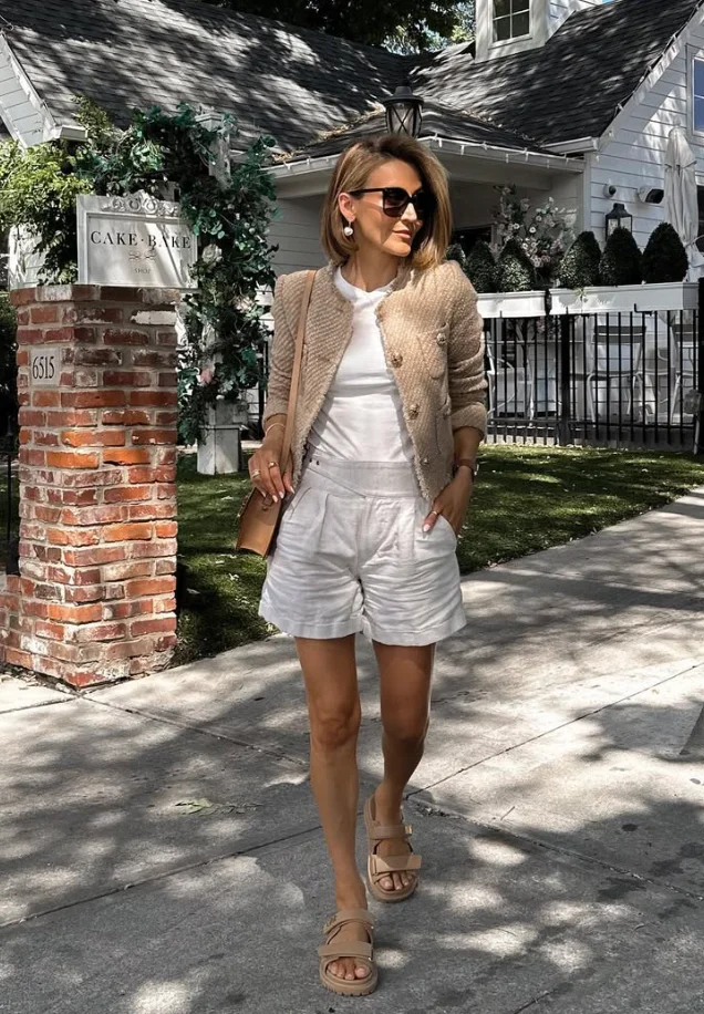 Beige Tweed Jacket + White Fitted Top + White Tailored Shorts + Tan Strappy Sandals + Gold Drop Earrings
