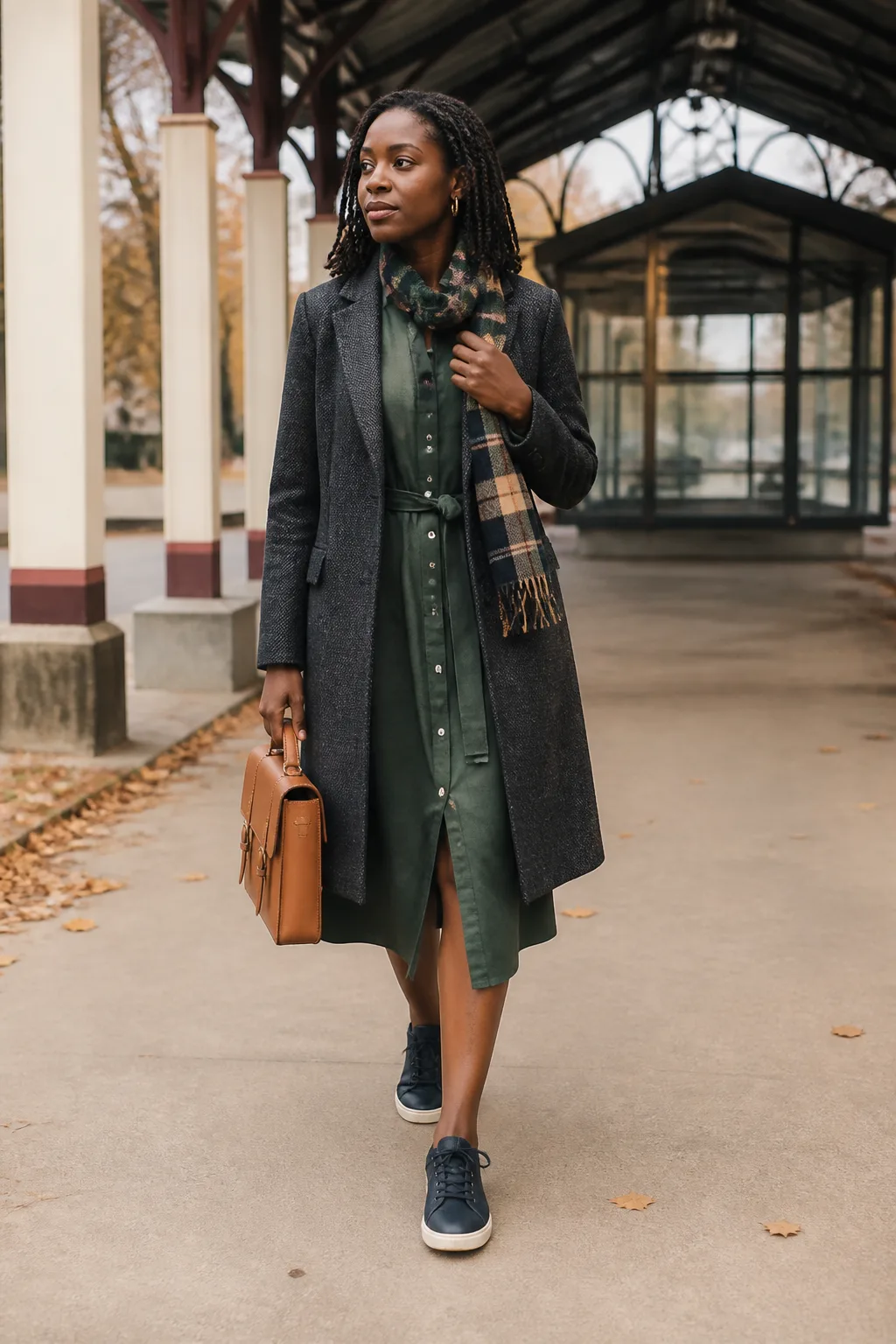 Belted Shirt Dress, Herringbone Coat, and Navy Sneakers