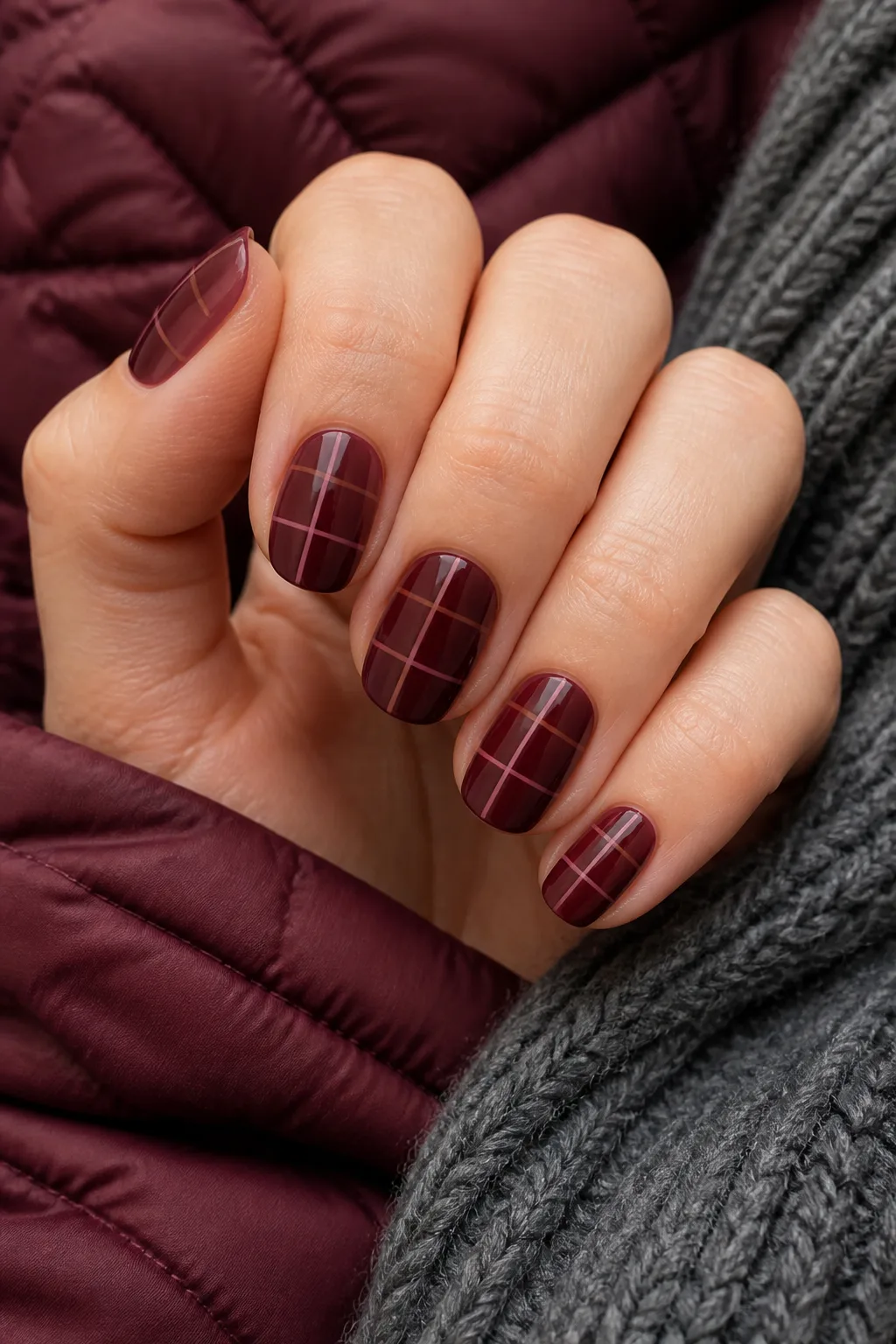 Berry Plaid Nails With a Puffer