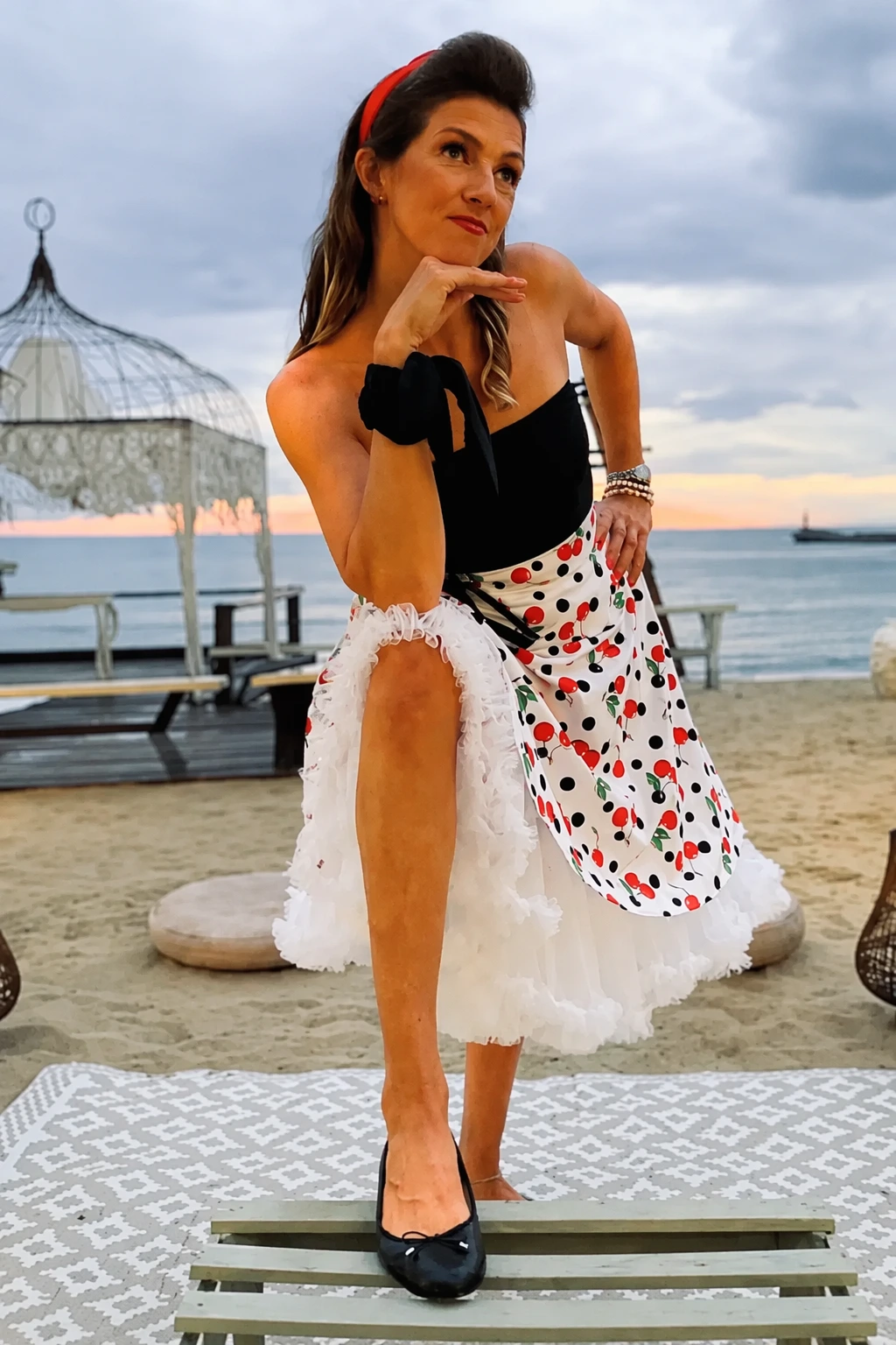 Black Bandeau Top + Cherry Print Wrap Skirt + Black Ballet Flats