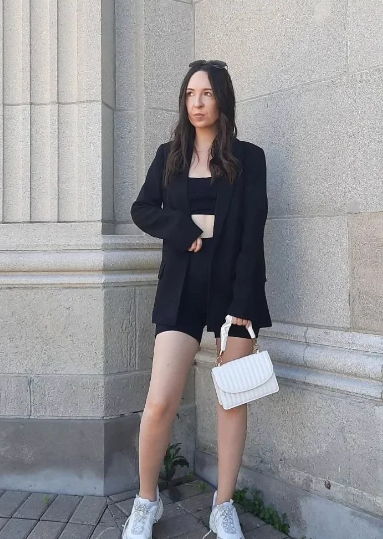 Black Blazer + Black Bike Shorts + White Sneakers