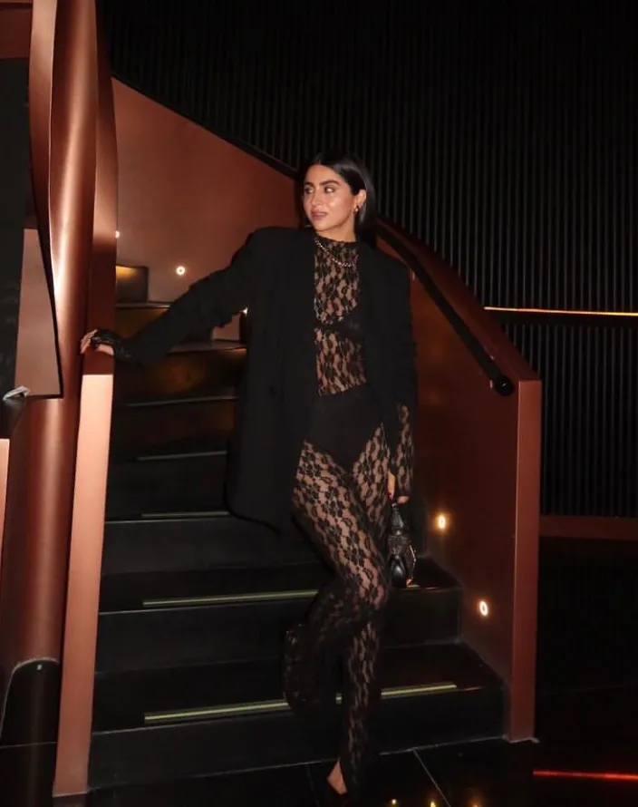 Black Blazer + Black Lace Bodysuit + Black Lace Tights + Black Heeled Pumps