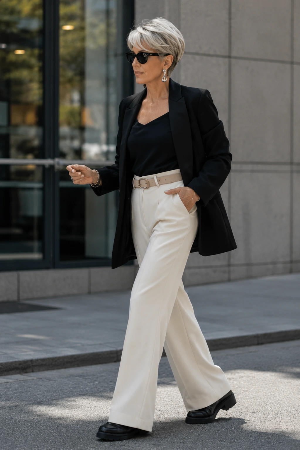 Black Blazer + Black V-Neck Top + Cream Trousers