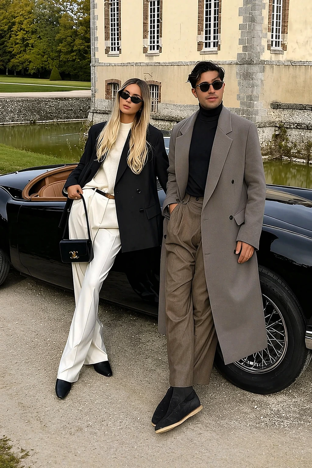 Black Blazer + Cream Wide-Leg Trousers + Grey Overcoat + Turtleneck Sweater + Suede Loafers