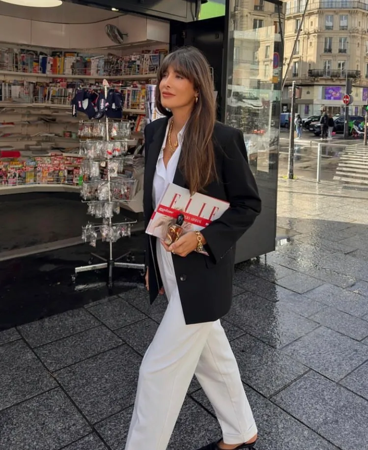 Black Blazer + White Button-Up Shirt + White Straight-Leg Trousers + Black Pointed-Toe Heels + Gold Chain Necklace