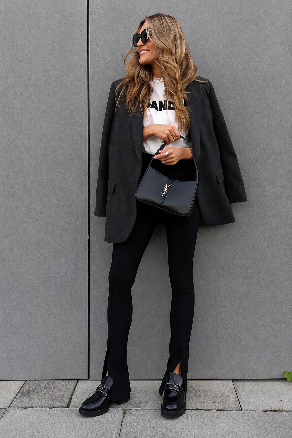 Black Blazer + White Graphic T-Shirt + Black Split Hem Leggings + Black Loafers