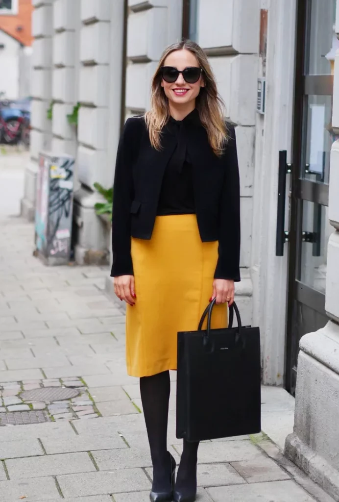 Black Blouse + Black Cropped Jacket + Yellow Pencil Skirt + Black Tights + Black Ankle Boots