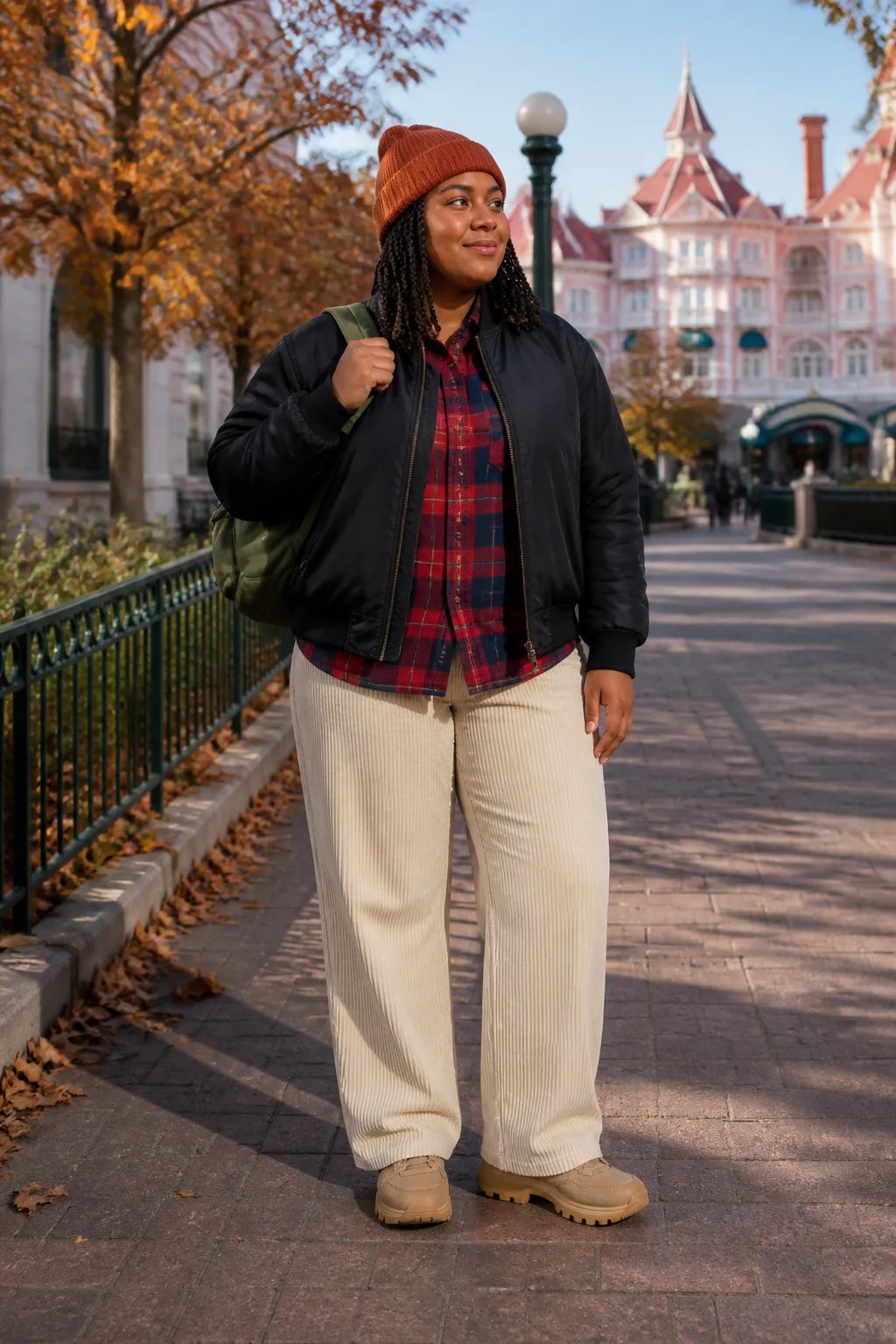 Black Bomber, Checked Shirt and Wide-Wale Trousers