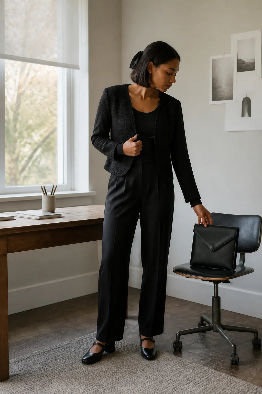 Black Bouclé Jacket with Pleated Trousers