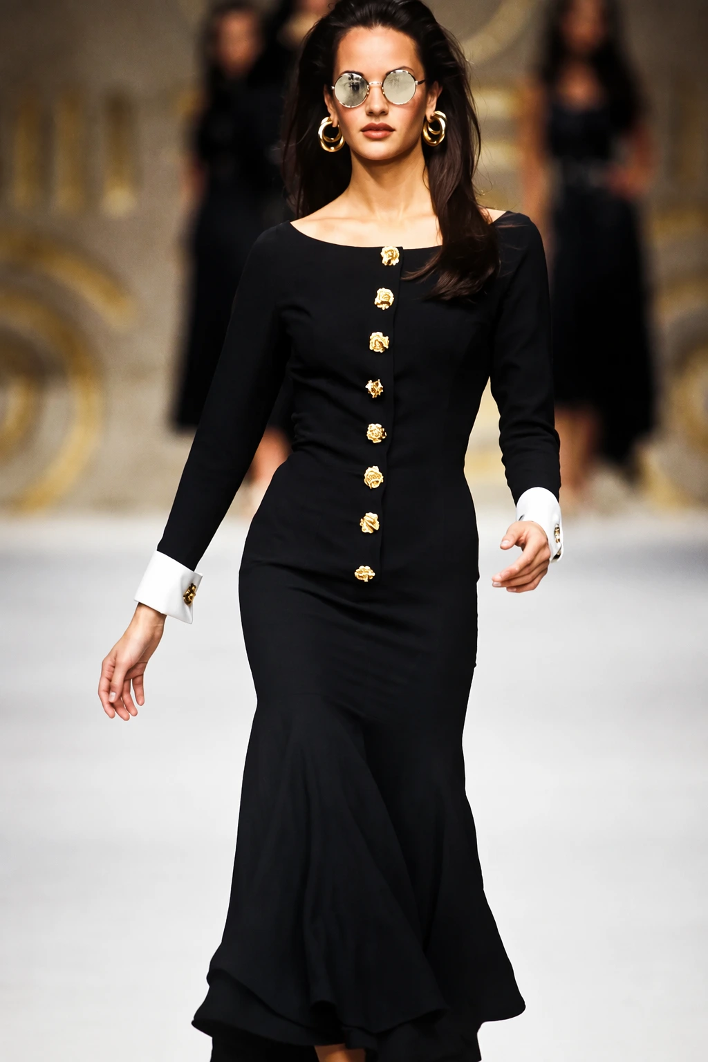 Black Button-Down Dress + Gold Hoop Earrings + Round Sunglasses