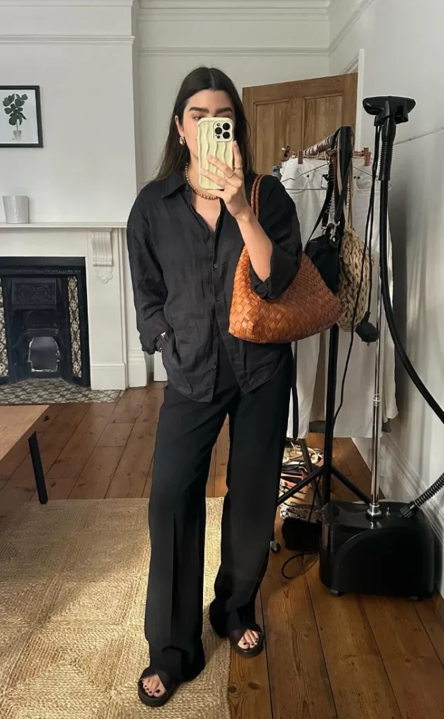 Black Button-Down Shirt + Black Wide-Leg Trousers + Black Slide Sandals