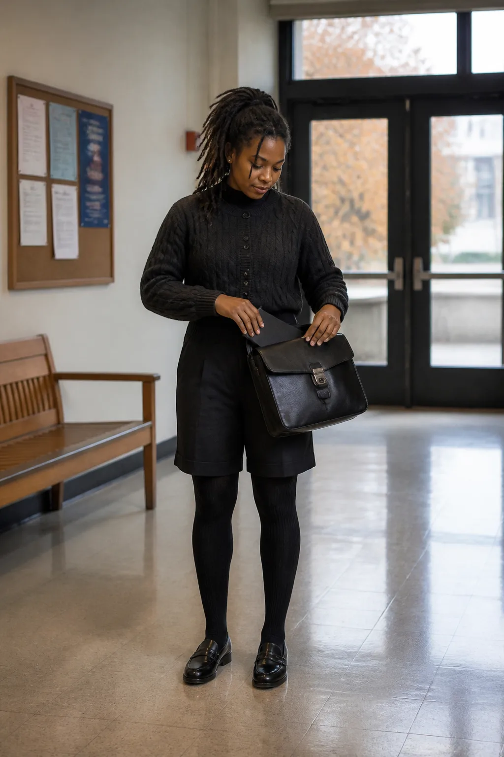 Black Cable-Knit Cardigan with Tailored Shorts