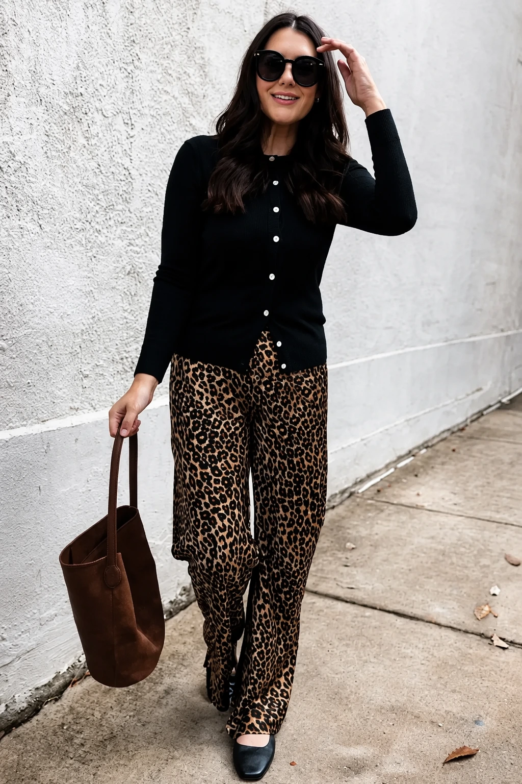Black Cardigan + Leopard Print Pants