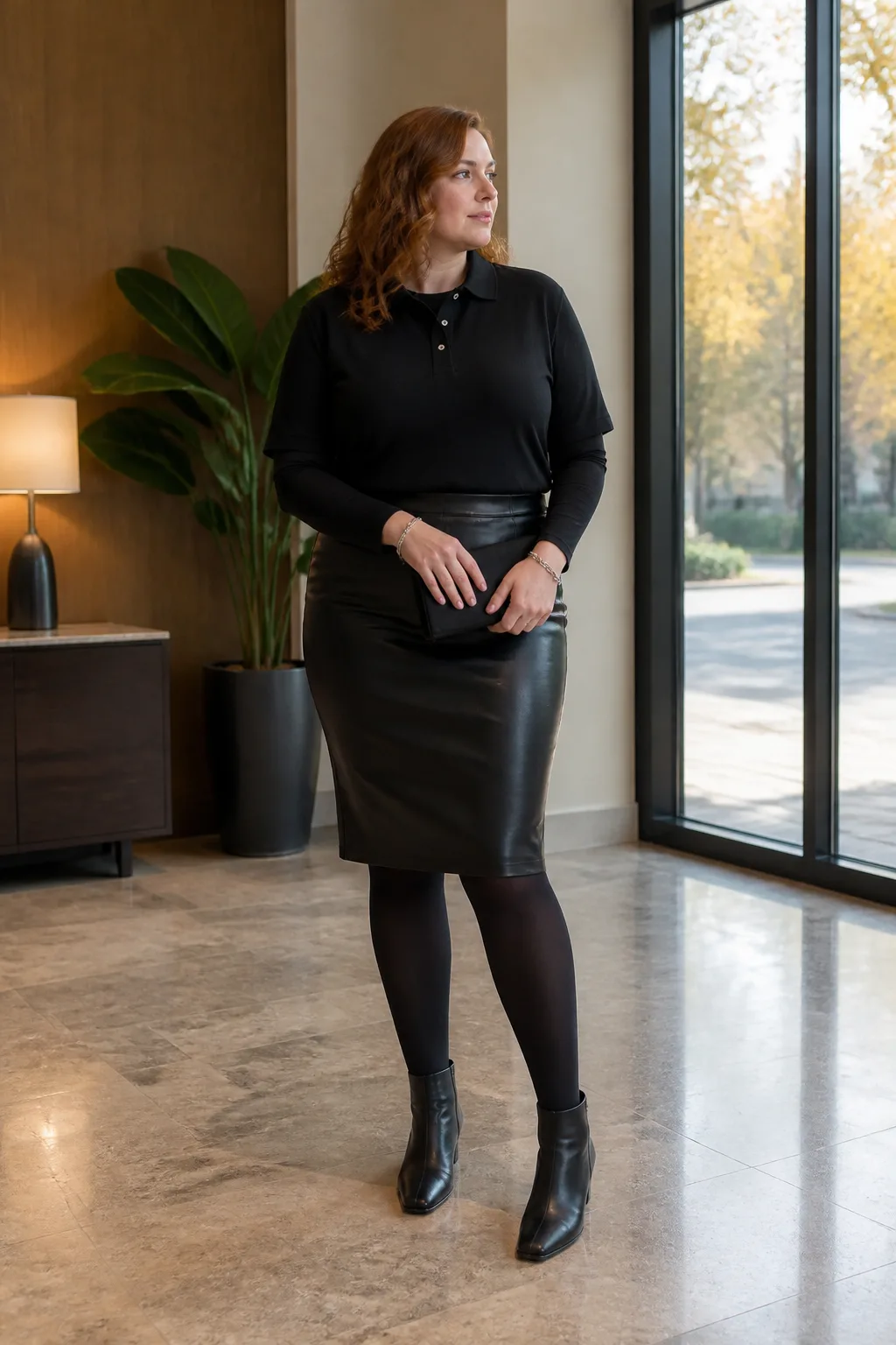 Black Cashmere Polo with Leather Pencil Skirt