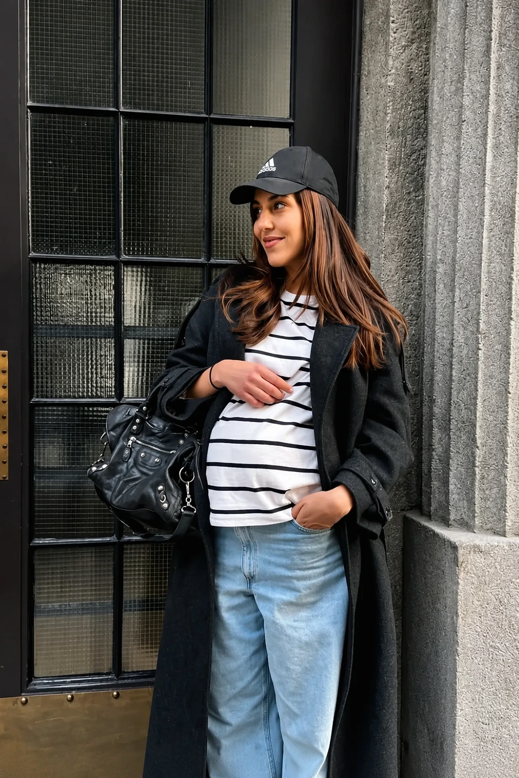 Black Coat + White Black Striped T-Shirt + Light Blue Jeans + Black Baseball Cap