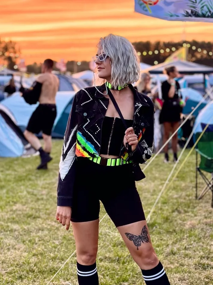 Black Corset Top + Black Biker Shorts + Black Rainbow Embellished Jacket + Black White Knee High Socks