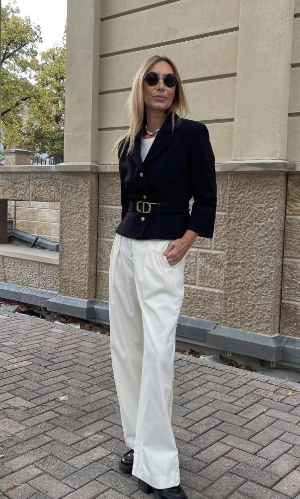 Black Cropped Blazer + White Wide-Leg Trousers + Black Loafers + Black Belt With Gold Buckle