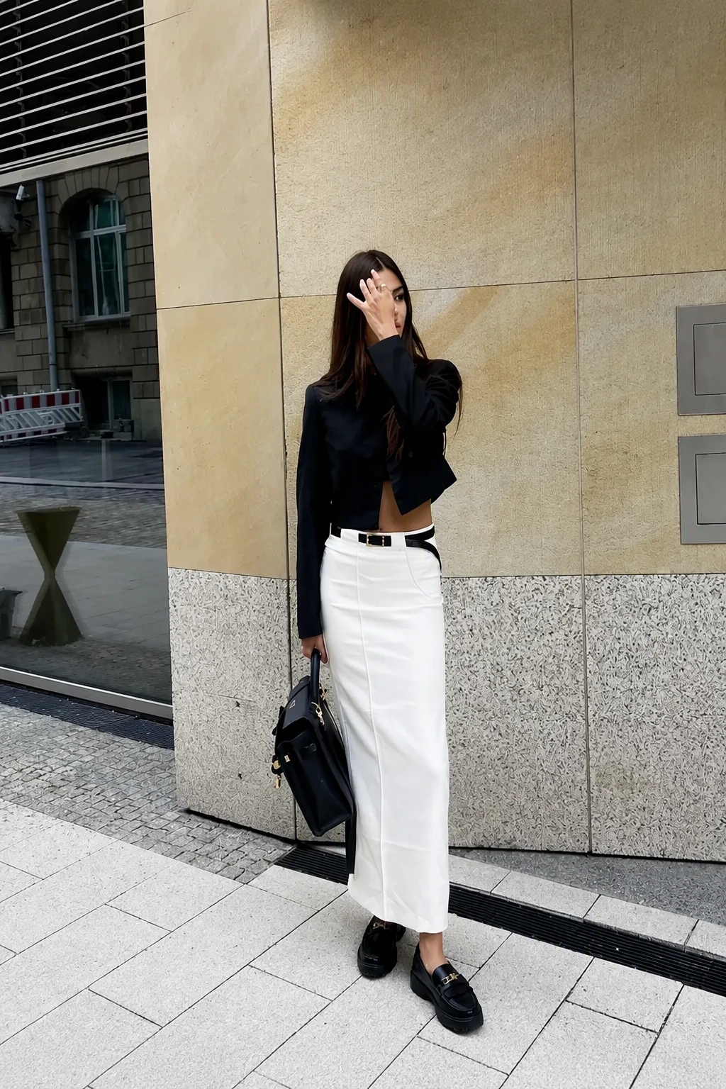 Black Cropped Jacket + White Denim Maxi Skirt + Black Leather Loafers