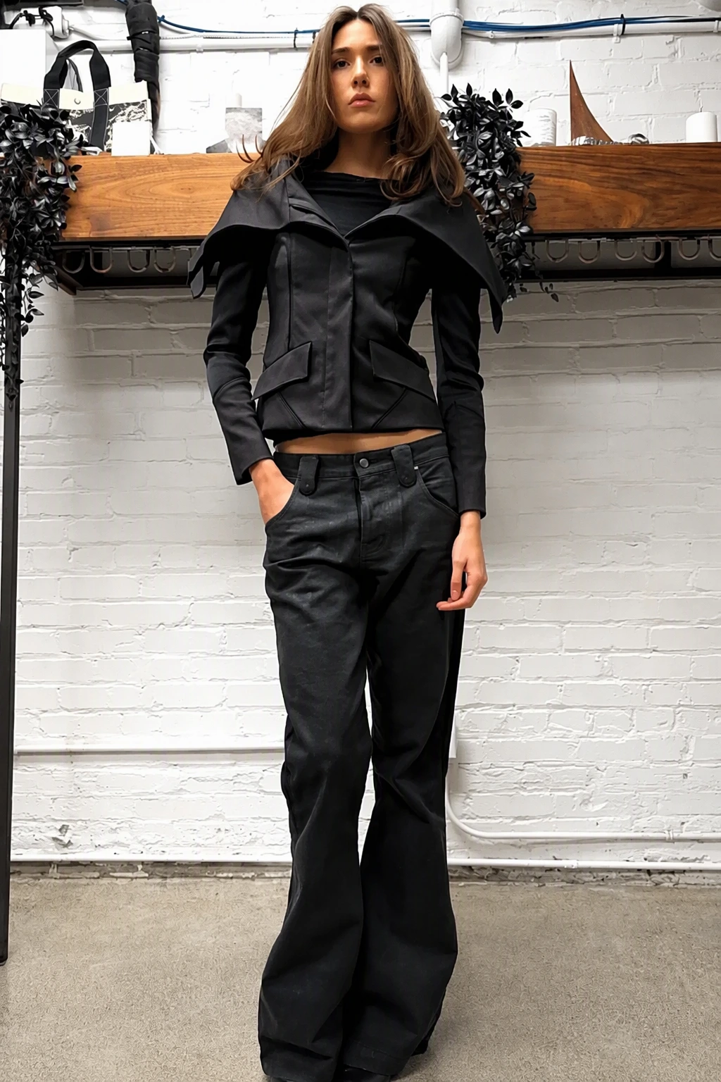 Black Cropped Stand Collar Jacket + Flare Leg Trousers