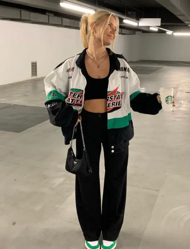 Black Cropped Tank Top + White Black Colorblock Racing Jacket + Black Wide-Leg Pants + Black Sneakers