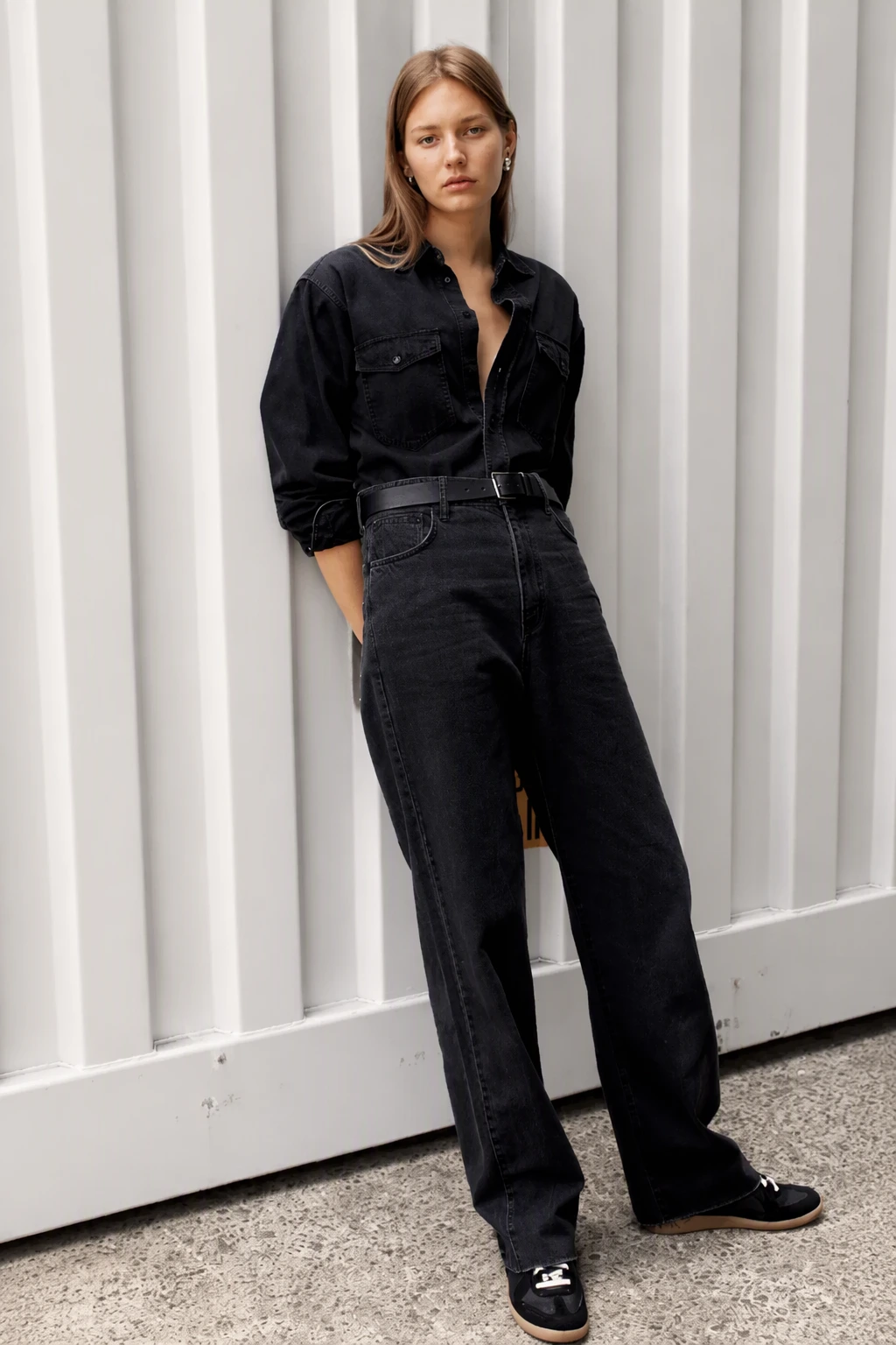 Black Denim Button-Up Shirt + High-Waisted Black Straight-Leg Jeans + Black Loafers