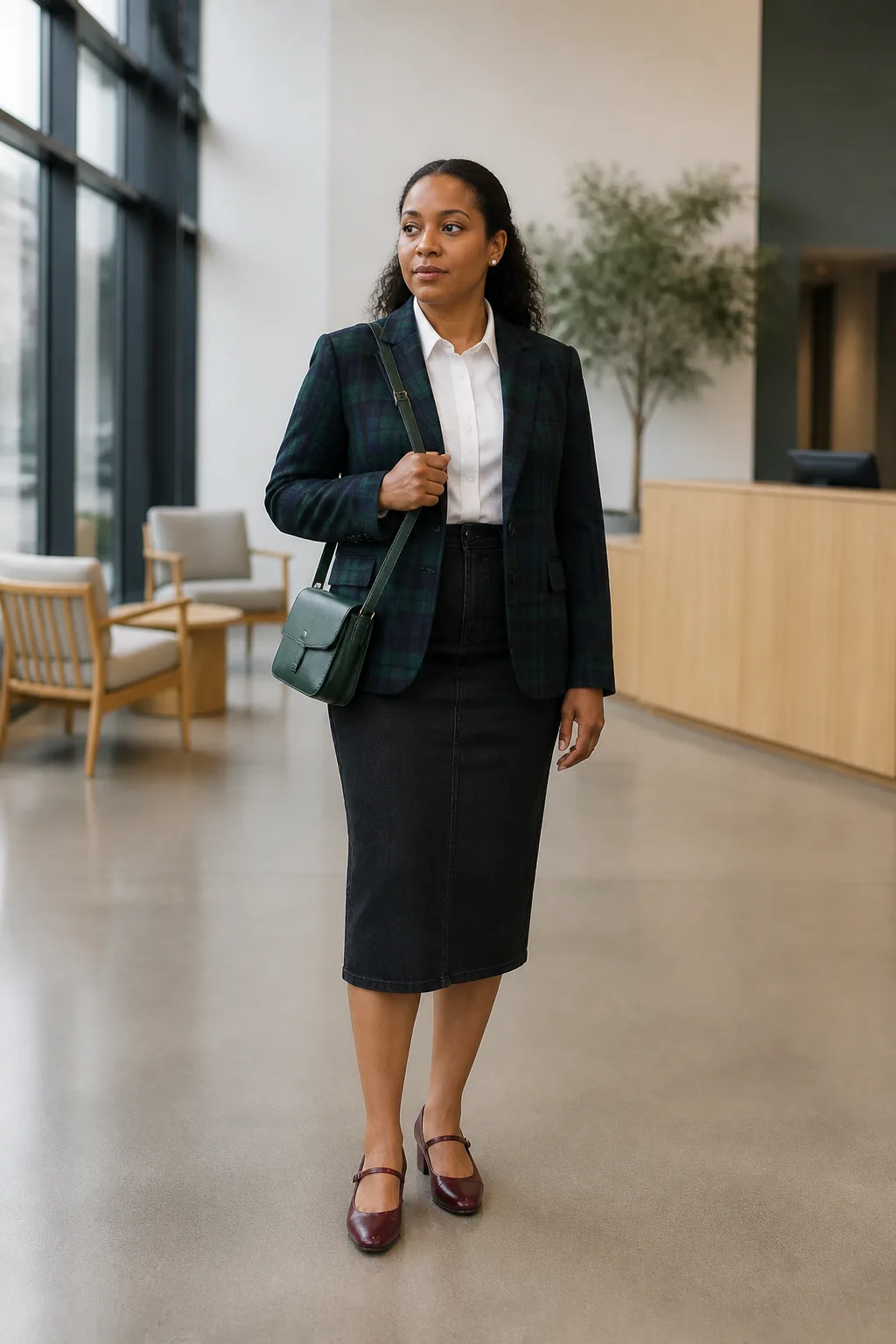 Black Denim Pencil Skirt with Plaid Blazer
