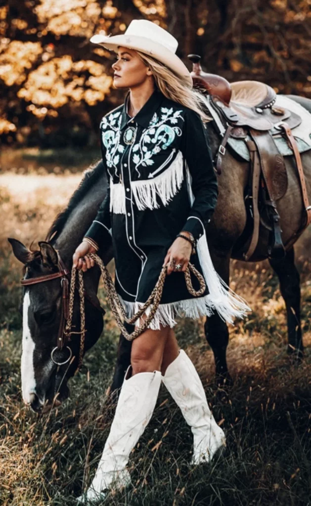 Black Embroidered Western Shirt Dress + White Cowboy Boots + White Cowboy Hat