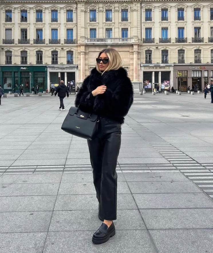 Black Faux Fur Coat + Black Leather Trousers + Black Loafers