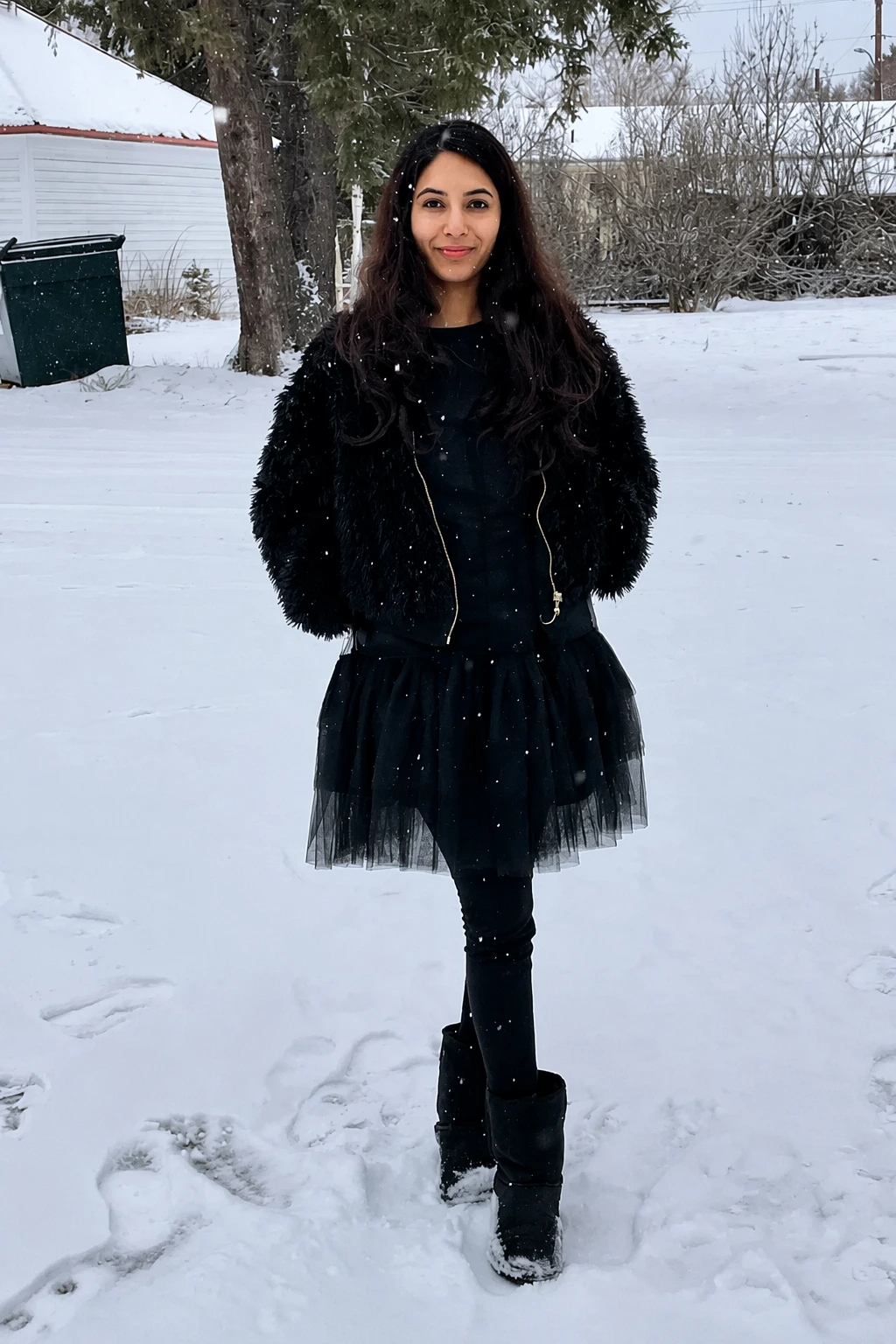 Black Faux Fur Jacket + Black Tulle Dress + Black Leggings + Snow Boots