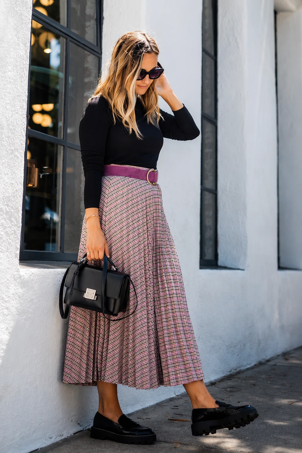 Black Fitted Long Sleeve Top + Pink Plaid Midi Skirt + Magenta Belt + Black Platform Loafers