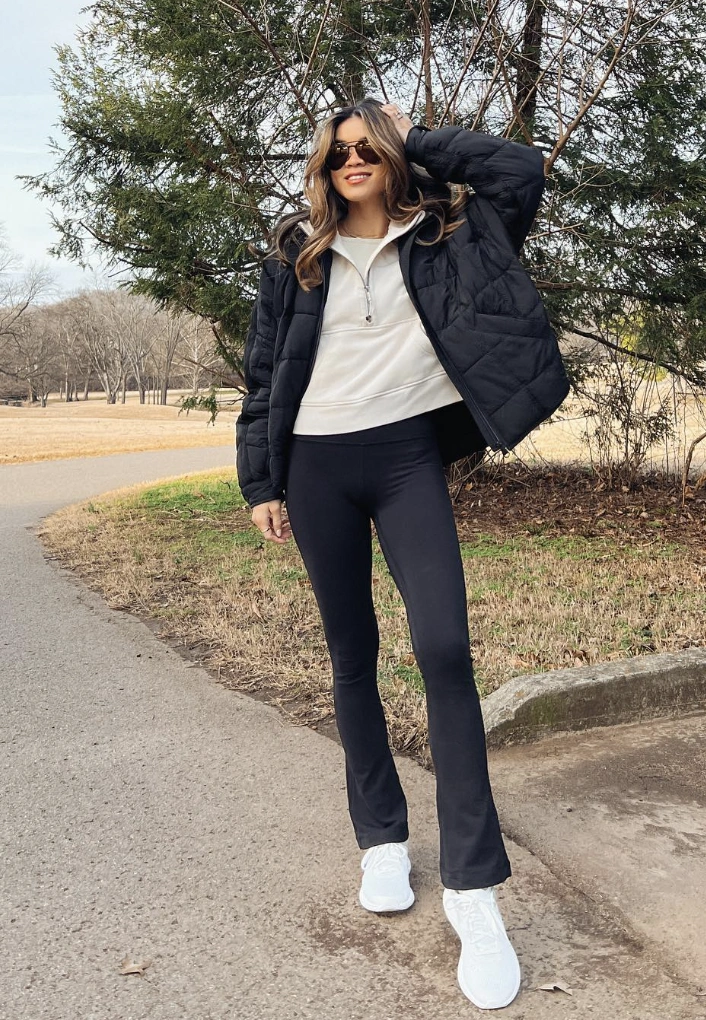 Black Flare Leggings + Black Puffer Jacket + White Quarter-Zip Pullover + White Sneakers