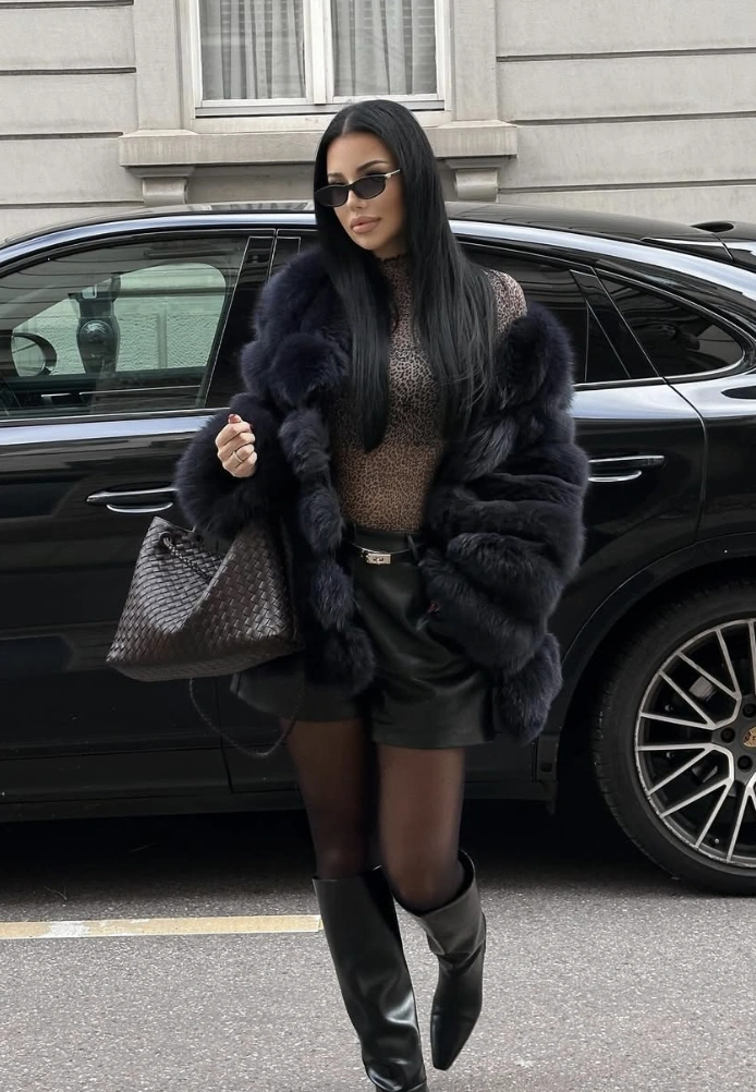 Black Fur Coat + Leopard Print Sheer Top + Black Leather Mini Skirt + Black Knee High Boots