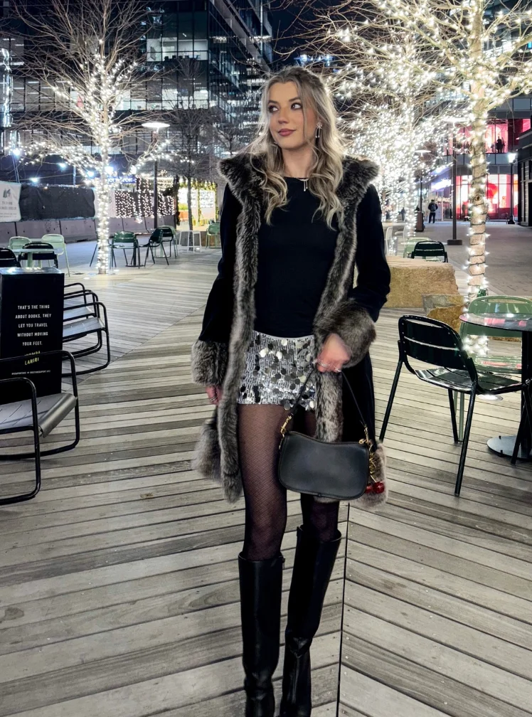 Black Fur-Trimmed Coat + Black Top + Silver Sequin Micro Shorts + Knee-High Boots