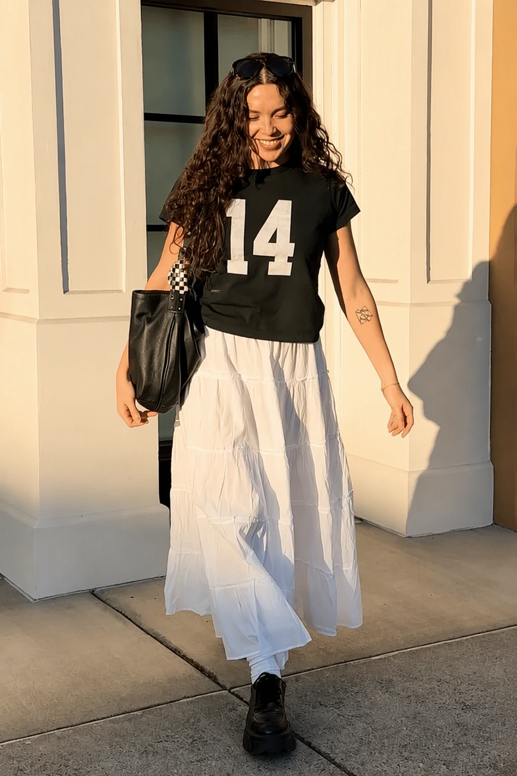 Black Graphic T-Shirt + White Tiered Maxi Skirt + Black Chunky Loafers