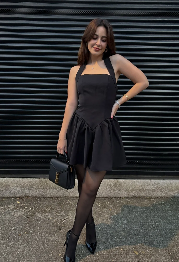 Black Halter Neck Flared Mini Dress with Black Tights and Heels