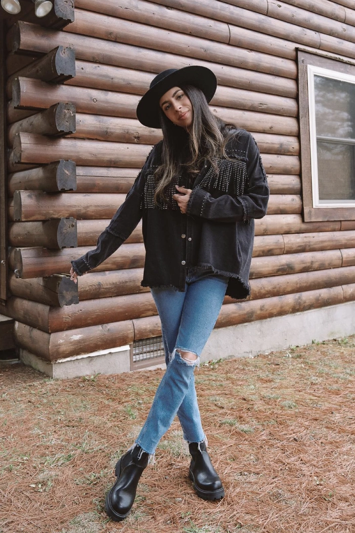 Black Hat + Embellished Denim Jacket + Ripped Jeans + Black Boots