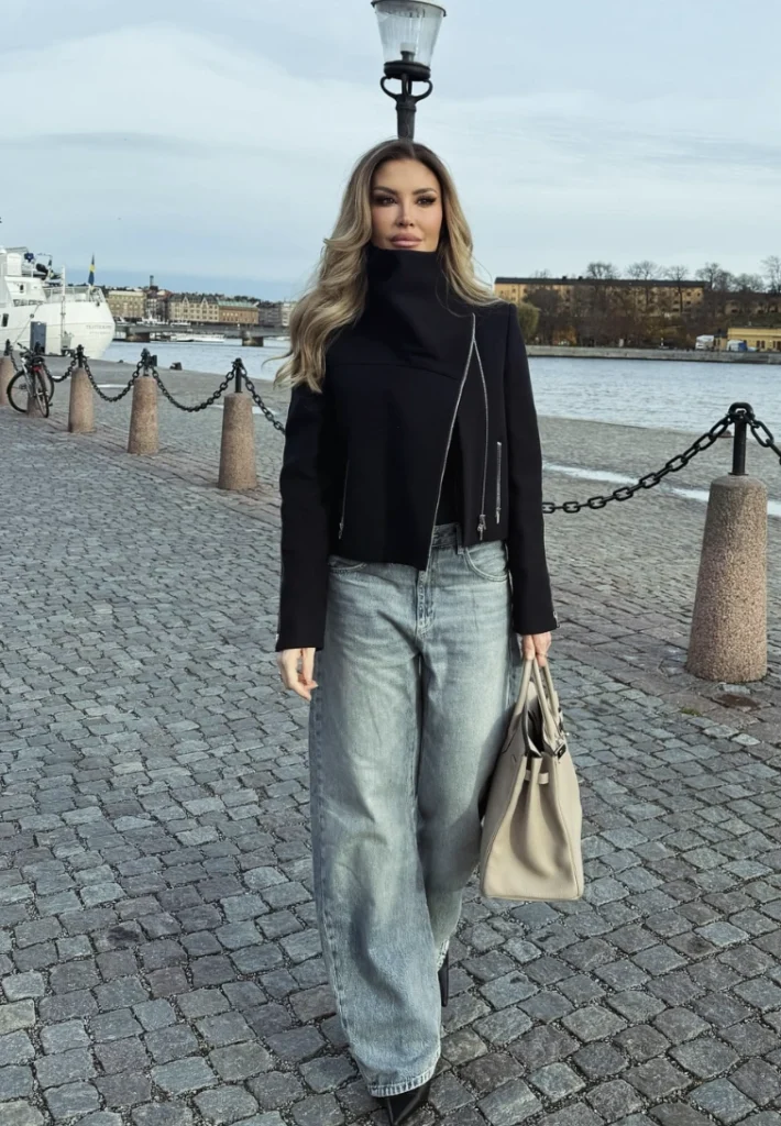 Black High Collar Jacket + Wide Leg Jeans + Neutral Tote