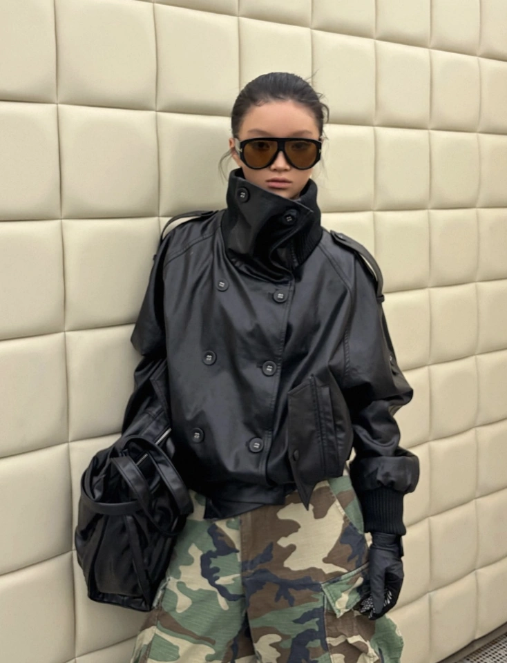 Black High Neck Jacket + Camo Cargo Pants + Aviator Sunglasses