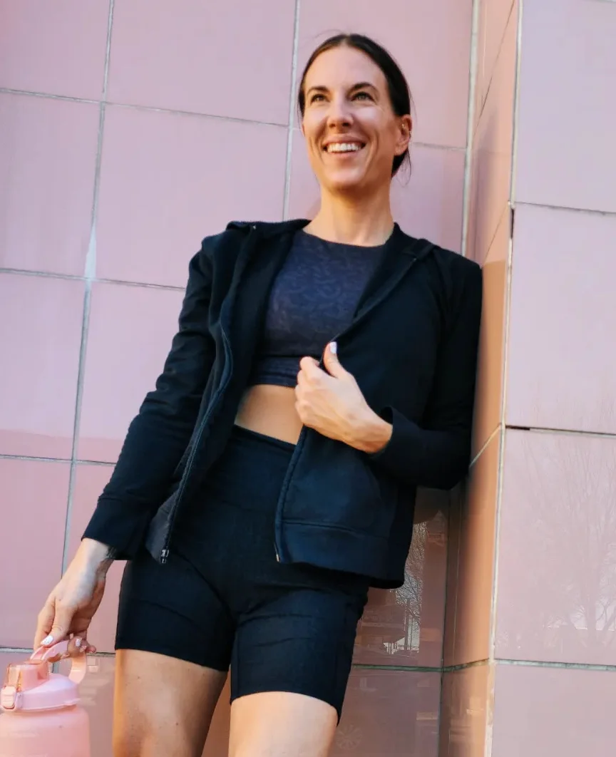 Black Hoodie + Black Bike Shorts + Crop Top