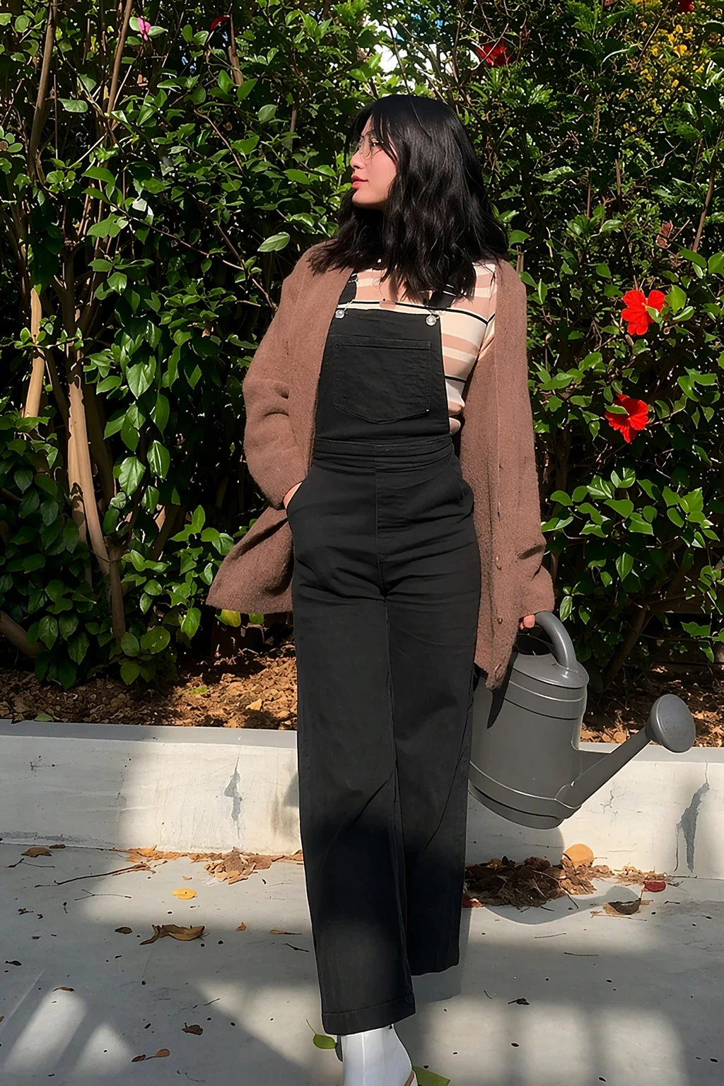 Black Jean Overall Outfit + Beige Striped Long Sleeve Top + Brown Knit Cardigan