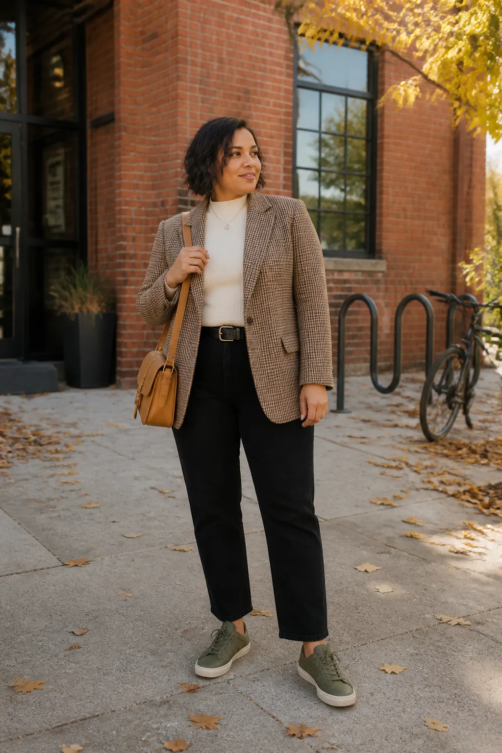 Black Jeans, Checked Blazer, and Olive Sneakers