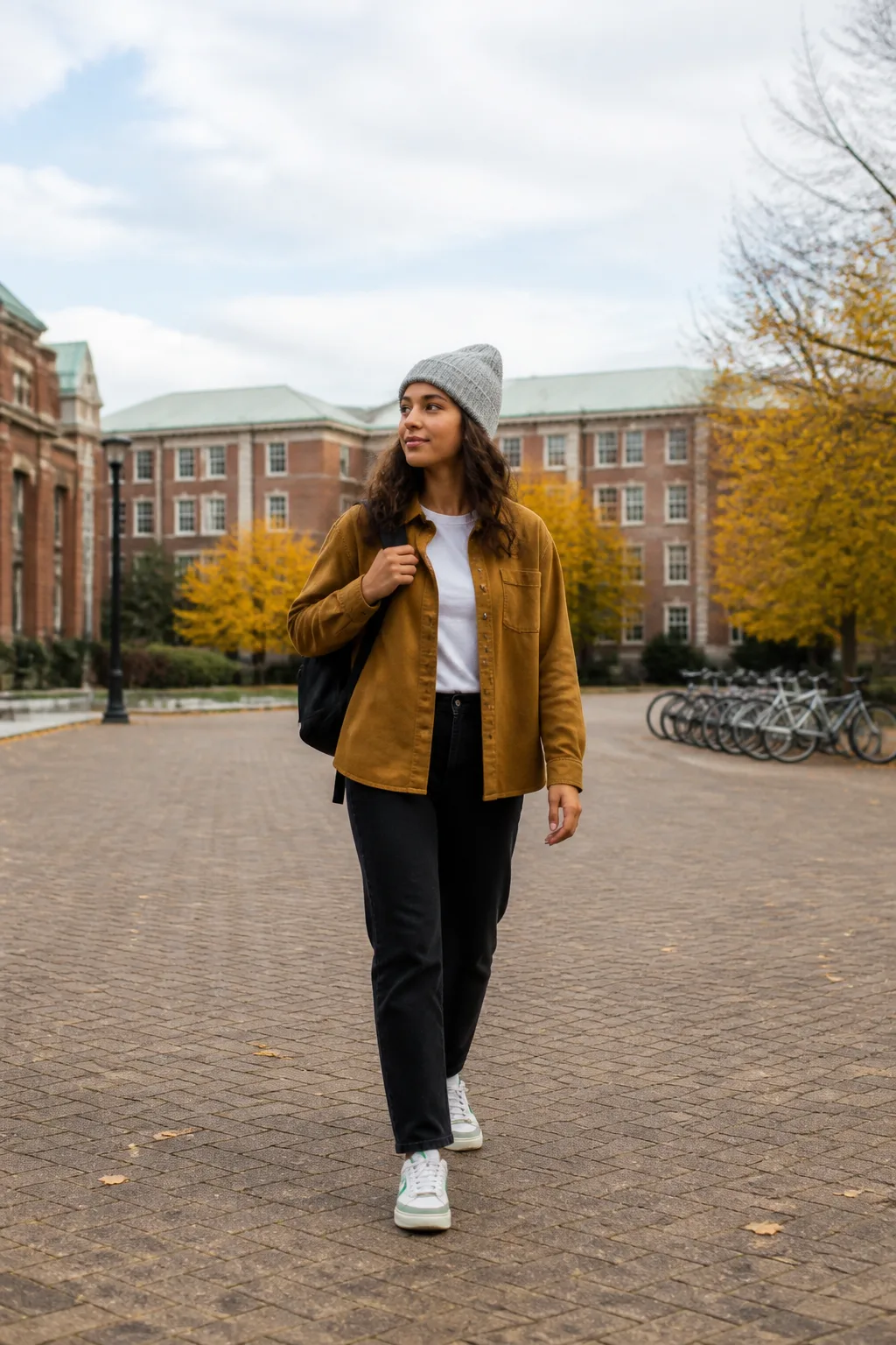 Black Jeans, Mustard Overshirt, and Green Sneakers